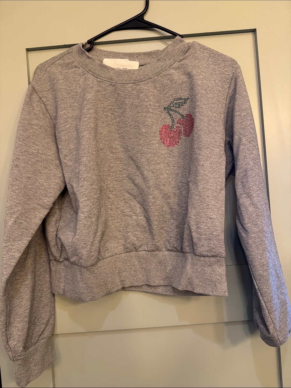 CHRLDR Heather Gray Sweatshirt with red and green rhinestone Cherry Motif